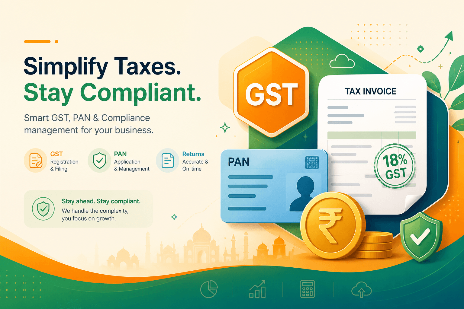 Colourful GST, INR and compliance themed illustration